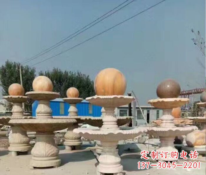 济南晚霞红多层风水球喷泉石雕
