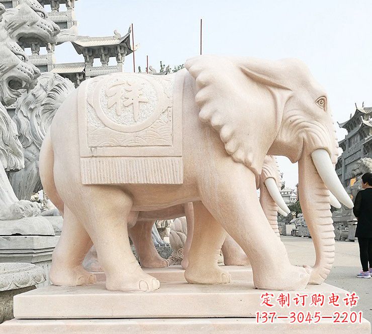 济南晚霞红吉祥如意大象石雕