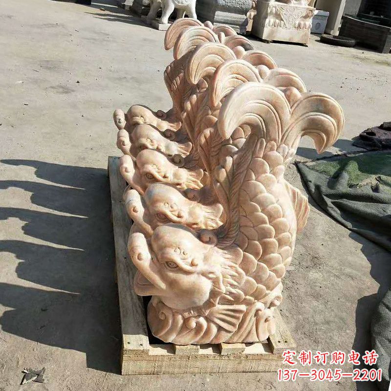 济南晚霞红喷水鱼石雕-园林水景喷泉动物雕塑摆件