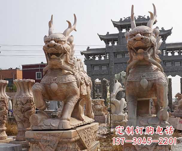 济南晚霞红瑞兽麒麟石雕 (2)