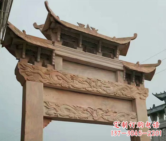 济南晚霞红石雕单门牌坊