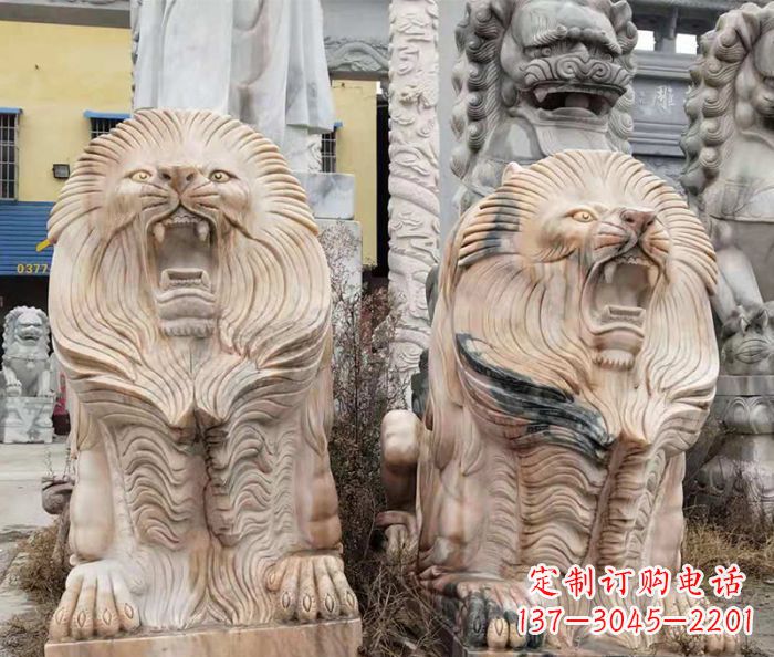 济南晚霞红石雕欧式石狮子