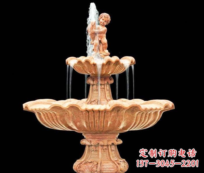 济南晚霞红小孩抱鱼石雕喷泉