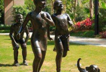 济南宁夏中领雕塑推出的儿童铜雕跑步遛狗，一款…
