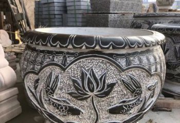 济南青石仿古荷花水缸雕塑