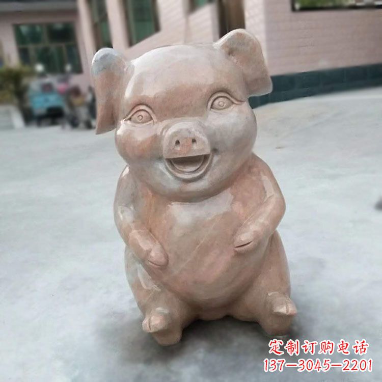 济南喜庆的石雕猪-晚霞红大理石生肖动物雕塑