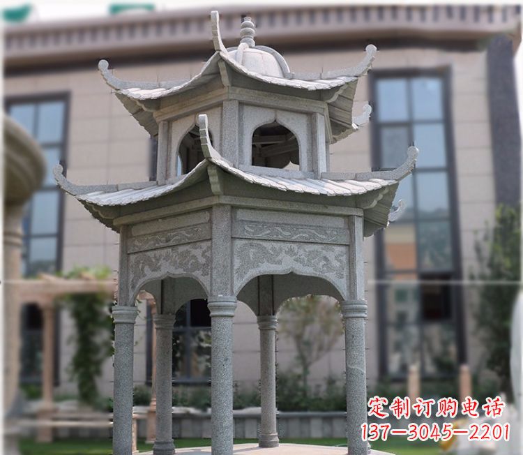 济南小区大理石六角石雕双层凉亭