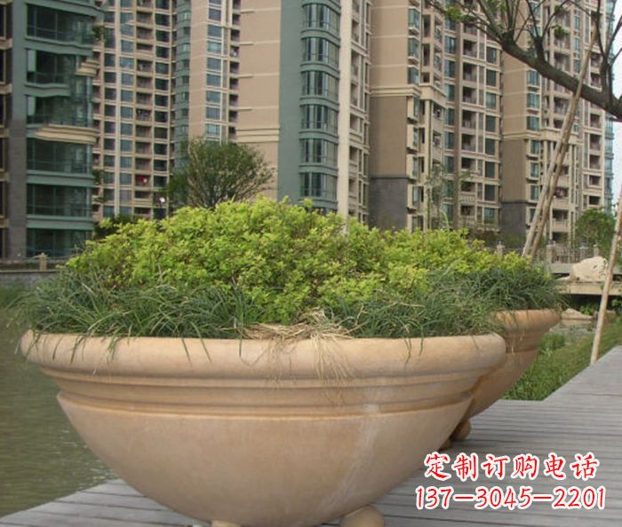 济南小区景观晚霞红花盆石雕