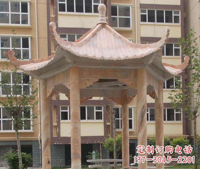 济南小区晚霞红六角凉亭石雕