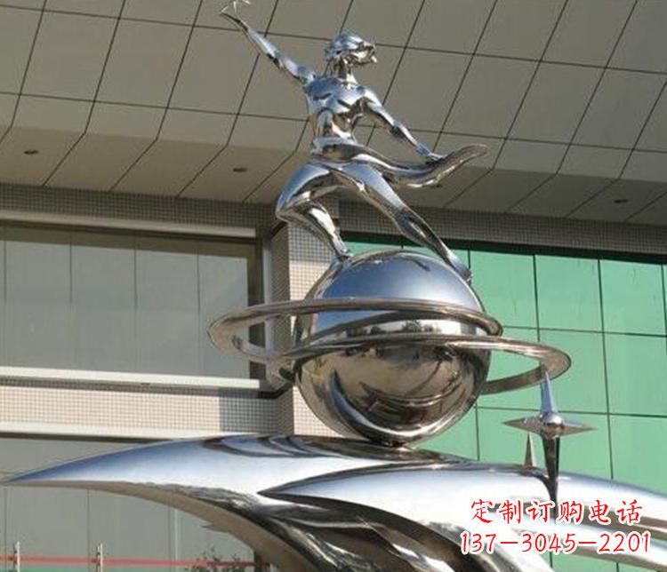济南校园不锈钢地球和学生景观雕塑