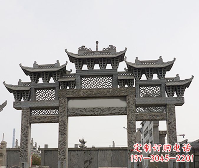 济南园林仿古三门牌坊石雕 (4)