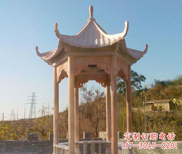 济南园林景观晚霞红单层石雕凉亭