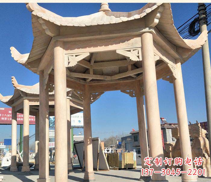 济南园林景观晚霞红六角石雕凉亭 (2)