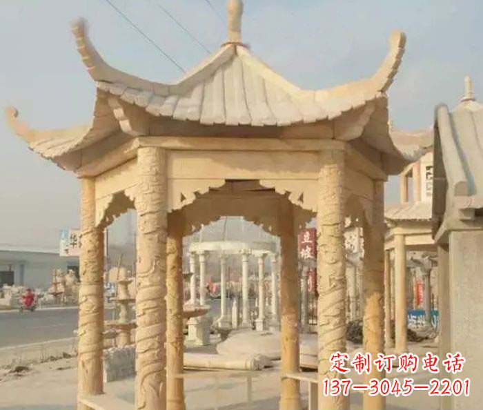 济南园林景观晚霞红六角石雕凉亭 (3)