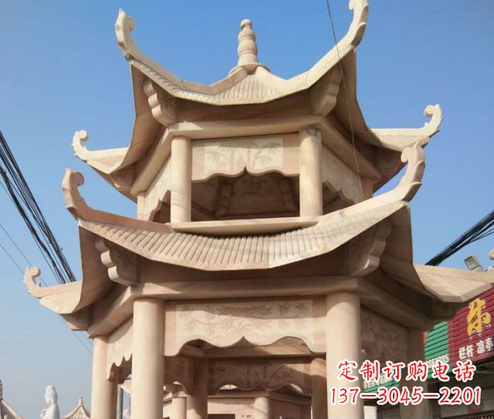 济南园林景观晚霞红双层石雕凉亭 (2)