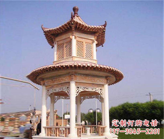 济南园林景观晚霞红双层石雕凉亭 (4)