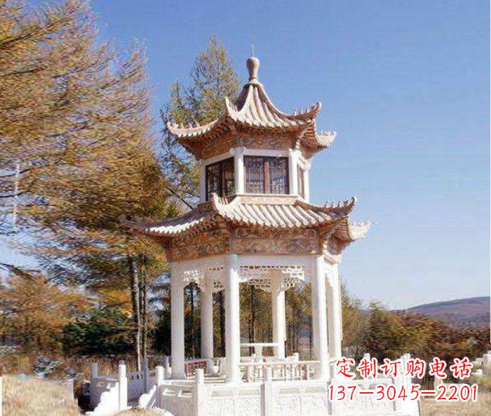 济南园林景观晚霞红双层石雕凉亭 (3)