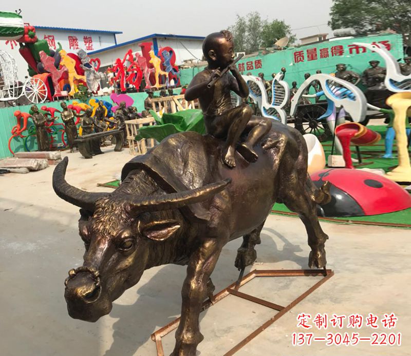 济南园林牧童骑牛铜雕塑