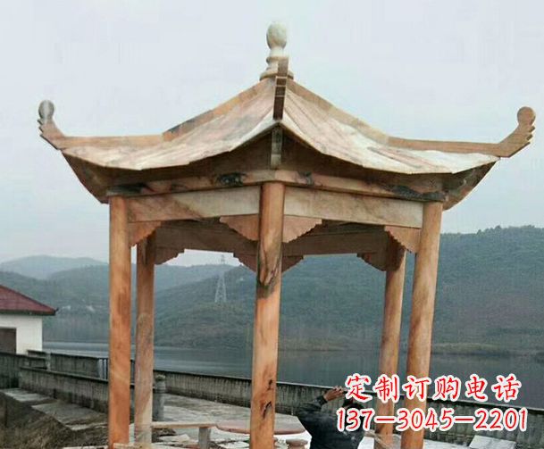 济南园林晚霞红单层石凉亭景观石雕