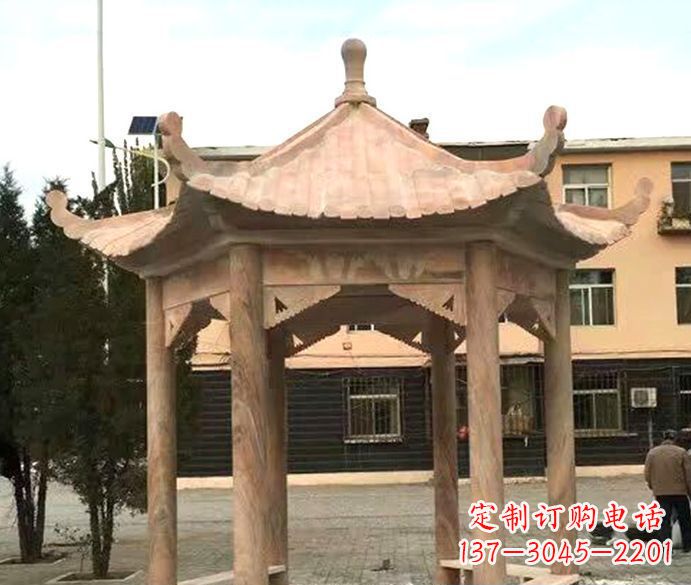 济南园林晚霞红六角石雕凉亭