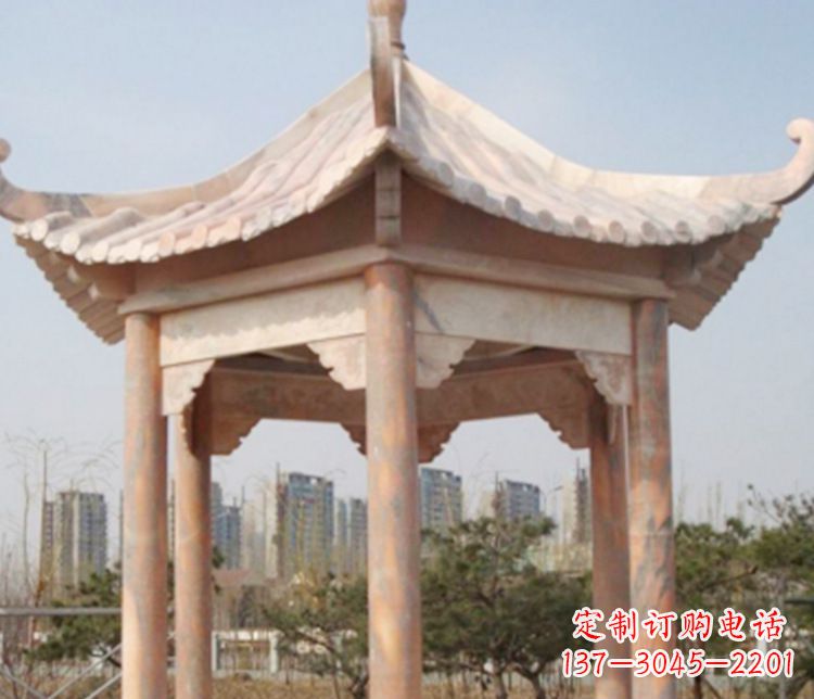 济南园林晚霞红六角石凉亭景观石雕