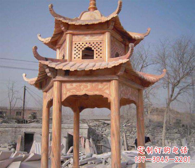 济南园林晚霞红石凉亭景观石雕