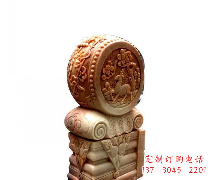 济南招财石门墩晚霞红抱鼓石