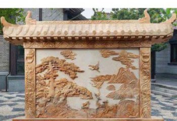 济南园林景观晚霞红松鹤石浮雕影壁