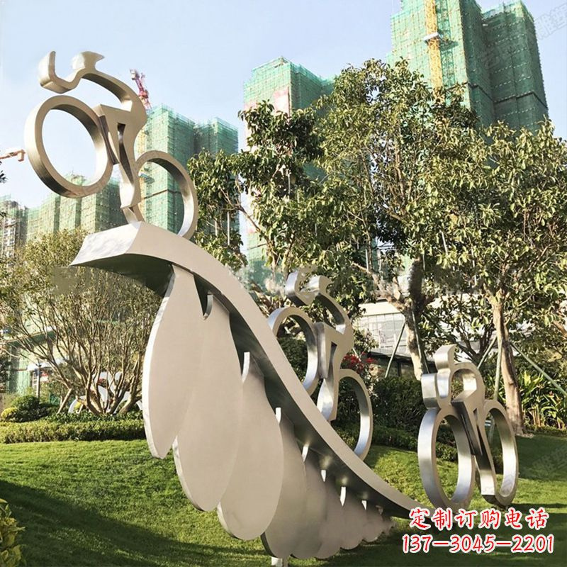 济南自行车雕塑-抽象不锈钢骑自行车人物景观雕塑